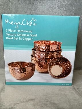 5-Piece Hammered Stainless Steel Bowl Set in Copper Mega Chef
